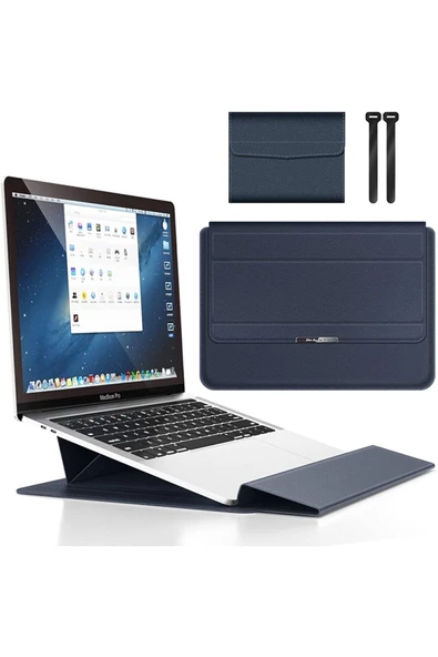 Macbook Pro 14 inç M3 / M3 Pro / M3 Max A2992 Uyumlu Deri Mıknatıslı Tasarım Standlı Çanta  13 - 14,9 inç Lacivert
