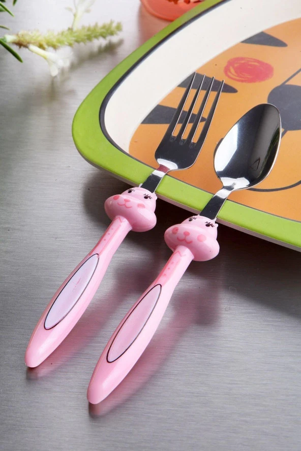 Çocuk Çatak Kasık Seti Pembe 2'li Bebek Mama Seti Figürlü Çelik Çatal Kaşık - 2