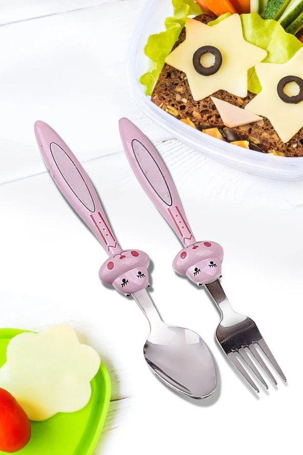 Çocuk Çatak Kasık Seti Pembe 2'li Bebek Mama Seti Figürlü Çelik Çatal Kaşık - 3