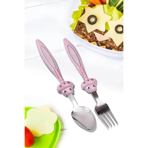 Çocuk Çatak Kasık Seti Pembe 2'li Bebek Mama Seti Figürlü Çelik Çatal Kaşık - 4