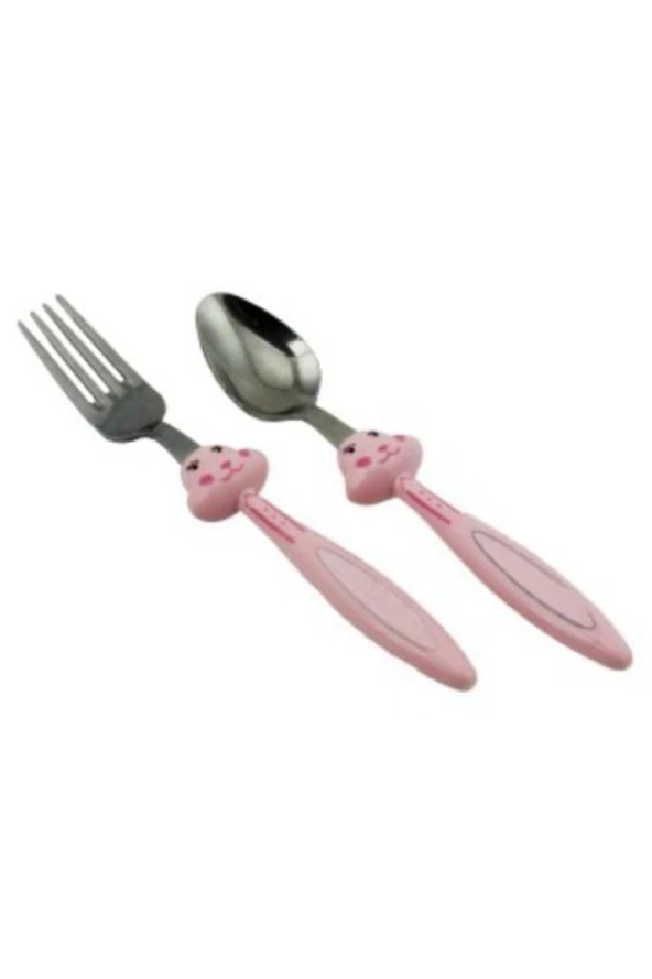 Çocuk Çatak Kasık Seti Pembe 2'li Bebek Mama Seti Figürlü Çelik Çatal Kaşık - 5