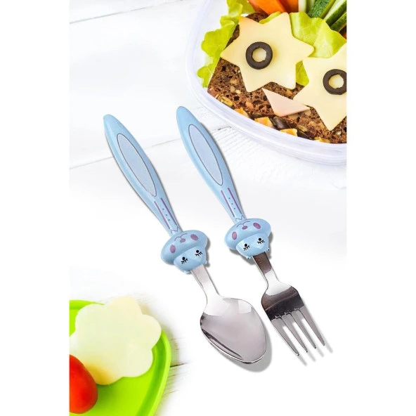 Çocuk Çatak Kasık Seti Mavi 2'li Bebek Mama Seti Figürlü Çelik Çatal Kaşık - 2