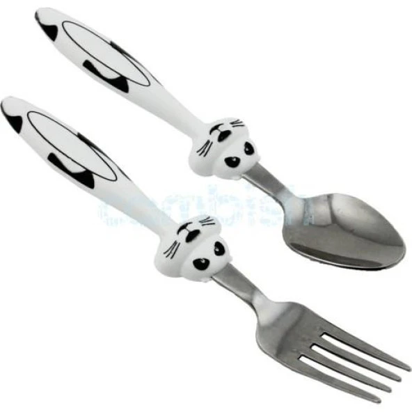 Çocuk Çatak Kasık Seti Beyaz 2'li Bebek Mama Seti Figürlü Çelik Çatal Kaşık - 3
