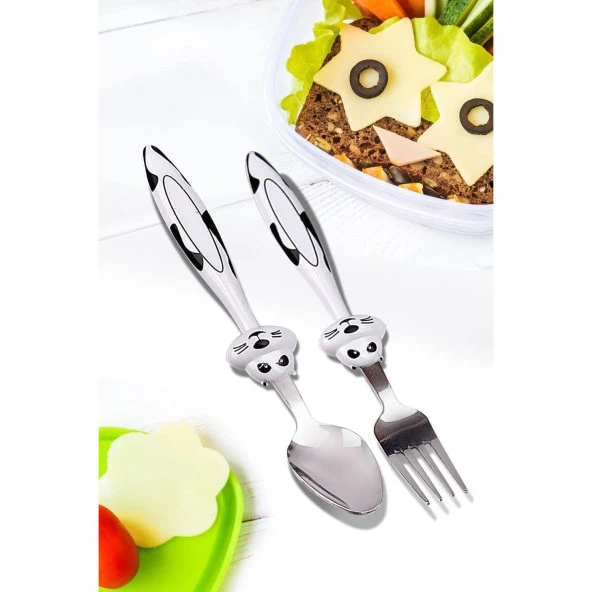 Çocuk Çatak Kasık Seti Beyaz 2'li Bebek Mama Seti Figürlü Çelik Çatal Kaşık - 4