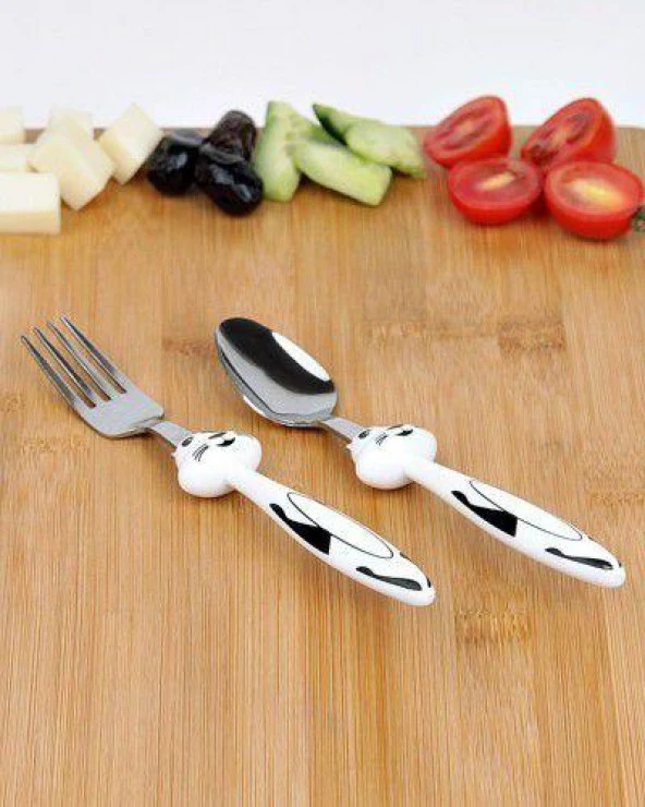 Çocuk Çatak Kasık Seti Beyaz 2'li Bebek Mama Seti Figürlü Çelik Çatal Kaşık - 5