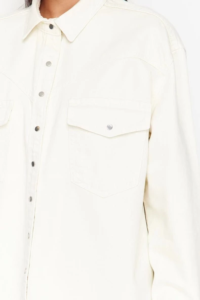 Moda Kadın Gömlek Yaka Düz Desen Günlük Denim Gömlek - 5