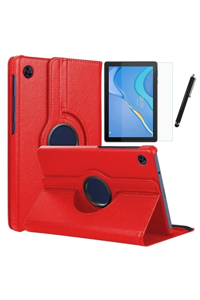 Huawei Matepad T10 / T10s Uyumlu 360 Dönebilen Standlı Koruyucu Kılıf Nano Cam Ve Kalem Seti  kırmızı - 1
