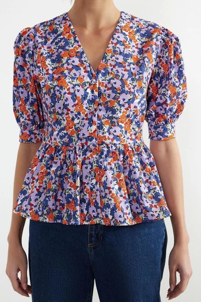 Moda Kadın V Yaka Çiçekli Desen Günlük Çiçek Desenli Kısa Kollu Fitted Bele Oturan Dokuma Gömlek