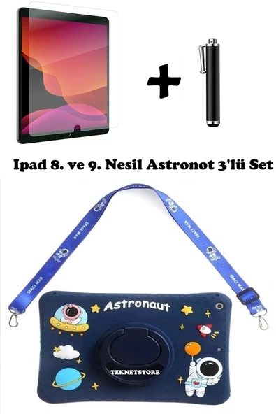 Ipad 8. Ve 9. Nesil 10.2 Inç 2020 / 2021 Uyumlu Kedi Kılıf Standlı Askılı Eğlenceli 3'lü Set  MAVİ