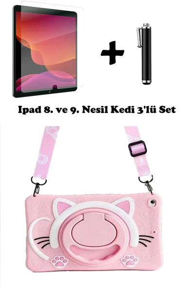 Ipad 8. Ve 9. Nesil 10.2 Inç 2020 / 2021 Uyumlu Kedi Kılıf Standlı Askılı Eğlenceli 3'lü Set  PEMBE