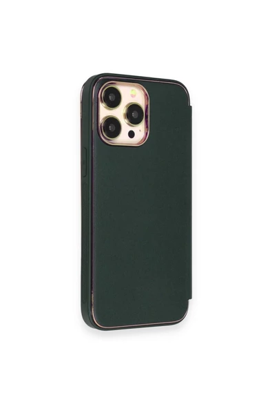 Apple Iphone 14 Pro Uyumlu Kapaklı Kılıf Parmak Izi Bırakmaz Dışı Deri Içi Süet Tasarım Kılıf  Koyu Yeşil - 4