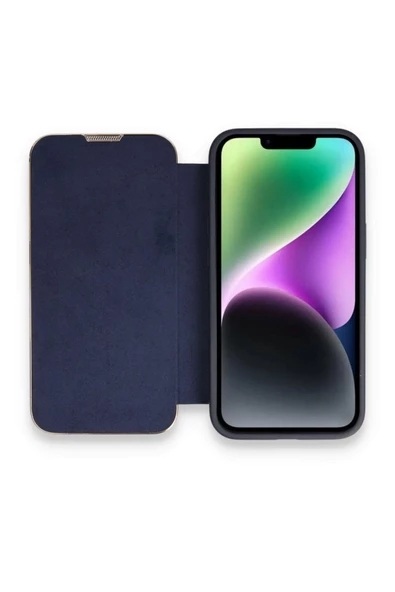 Apple Iphone 13 Pro Uyumlu Kapaklı Kılıf Parmak Izi Bırakmaz Dışı Deri Içi Süet Tasarım Kılıf  Lacivert - 2