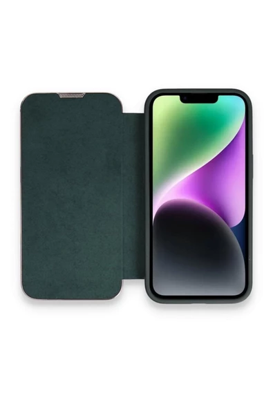 Apple Iphone 14 Pro Max Uyumlu Kapaklı Kılıf Parmak Izi Bırakmaz Dışı Deri Içi Süet Tasarım Kılıf  Koyu Yeşil - 2