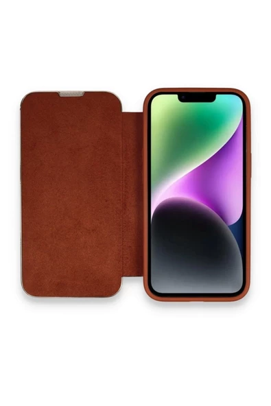Apple Iphone 13 Pro Uyumlu Kapaklı Kılıf Parmak Izi Bırakmaz Dışı Deri Içi Süet Tasarım Kılıf  Kahverengi - 2