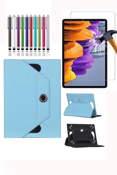 Samsung Galaxy Tab A9+Plus X210 X215 X217 Universal Dönerli Standlı Kılıf + Ekran Koruyucu + Kalem  turkuaz