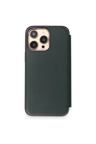 Apple Iphone 14 Pro Max Uyumlu Kapaklı Kılıf Parmak Izi Bırakmaz Dışı Deri Içi Süet Tasarım Kılıf  Koyu Yeşil - 3