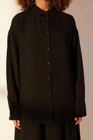 Moda Kadın Gömlek Yaka Düz Desen Günlük %100 Keten Oversize Gömlek