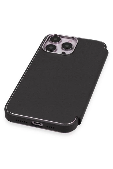 Apple Iphone 13 Pro Uyumlu Kapaklı Kılıf Parmak Izi Bırakmaz Dışı Deri Içi Süet Tasarım Kılıf  Siyah - 5