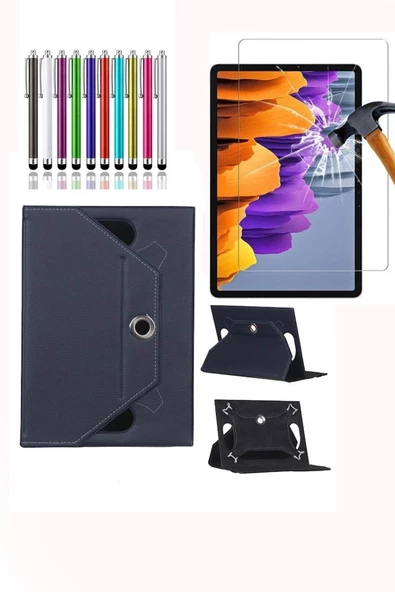 Samsung Galaxy Tab A9+Plus X210 X215 X217 Universal Dönerli Standlı Kılıf + Ekran Koruyucu + Kalem  Lacivert