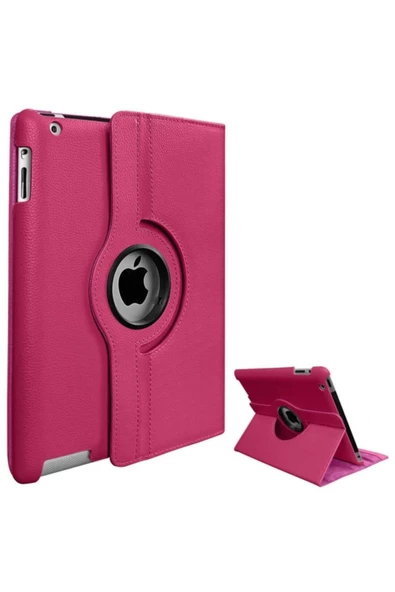 Apple Uyumlu Ipad 9. Nesil 2021 10.2 Inç Tablet Standlı 360° Dönebilen Deri Kılıf Leather Case Tam  Koyu Pembe