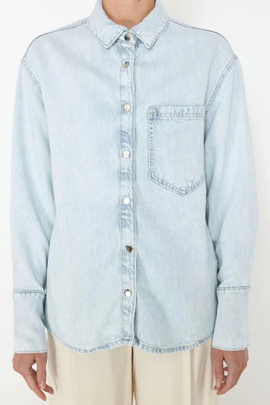Moda Kadın Gömlek Yaka Düz Desen Günlük Lyocell Oversize Denim Gömlek