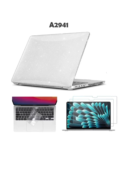 Macbook Air 15 Inç M2 Çip A2941 Tam Uyumlu Alt Üst Kılıf + Klavye Kılıfı + Ekran Koruyucu Film  SİMLİ