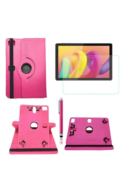 TCL Tab 10l 10.1" Uyumlu Kılıf 360° Dönerli Unıversal Standlı Kılıf + Nano Ekran Koruyucu + Kalem  pembe