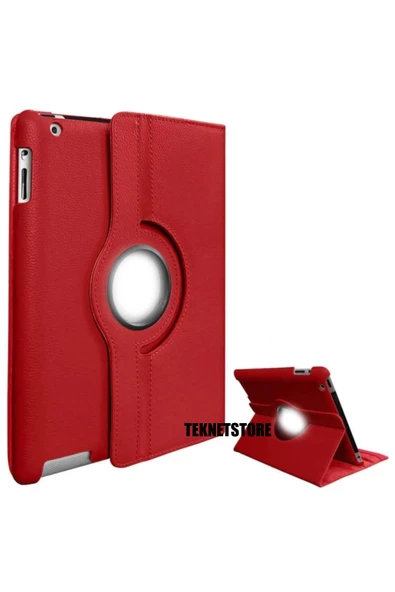 Apple Uyumlu Ipad 9. Nesil 2021 10.2 Inç Tablet Standlı 360° Dönebilen Deri Kılıf Leather Case Tam  Kırmızı