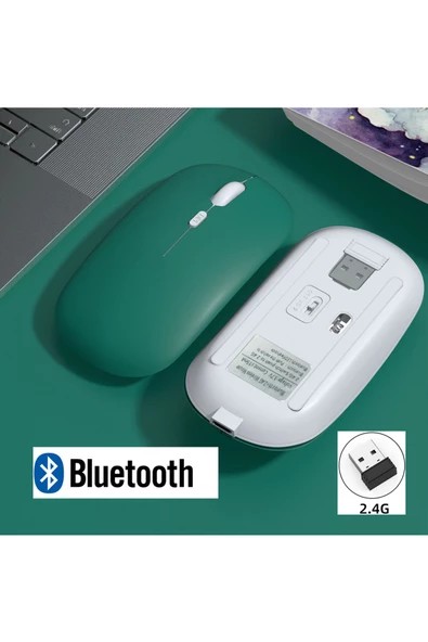 Macbook/Huawei/Samsung/Lenovo Uyumlu Şarj Edilebilir Sessiz Mouse Wifi Kablosuz Mouse Fare  Koyu Yeşil