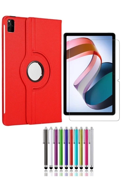 Xiaomi Redmi Pad 10.6 Uyumlu 360° Dönebilen Tablet Kılıfı Kalem Ekran Koruyucu 3lü Set  kırmızı