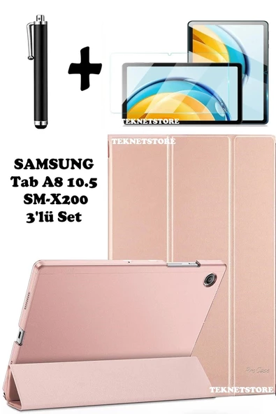 Samsung Galaxy Tab A8 10.5 Inç Sm-x200 Uyumlu Uyku Modlu Tablet Kılıfı Ekran Koruyucu Kalem  ROSE GOLD