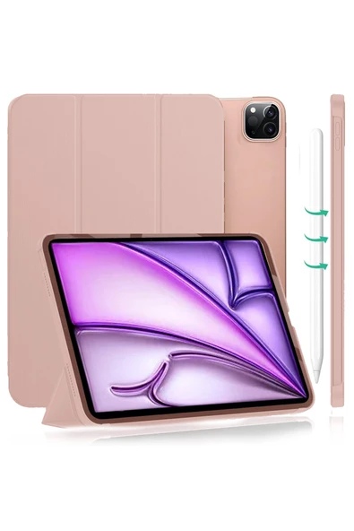 Ipad Air 13" Inç 2024 M2 Kılıf Flip Smart Standlı Akıllı Kapak Smart Cover Case A2898 A2899 A2900  Rose Gold