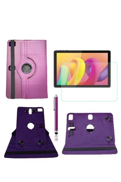 TCL Tab 10l 10.1" Uyumlu Kılıf 360° Dönerli Unıversal Standlı Kılıf + Nano Ekran Koruyucu + Kalem  mor