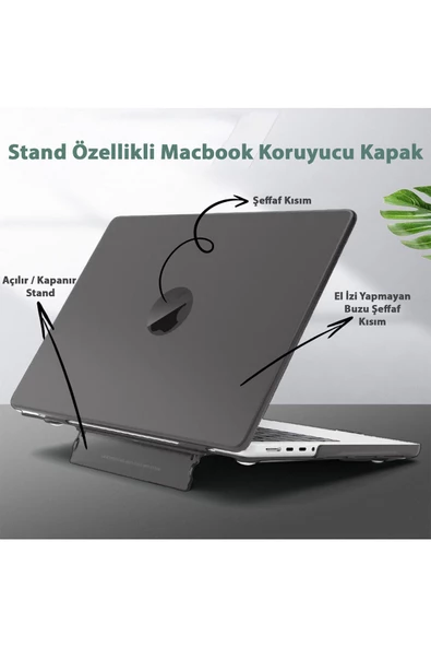 Macbook Air 13" 2020 M1 Çip A2337/a1932/a2179 Uyumlu Standlı Iz Önleyici Şeffaf Kılıf Koruyucu Kapak  Siyah - 2