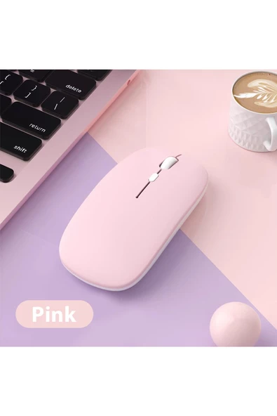 Macbook/Huawei/Samsung/Lenovo Uyumlu Şarj Edilebilir Sessiz Mouse Wifi Kablosuz Mouse Fare  Pembe