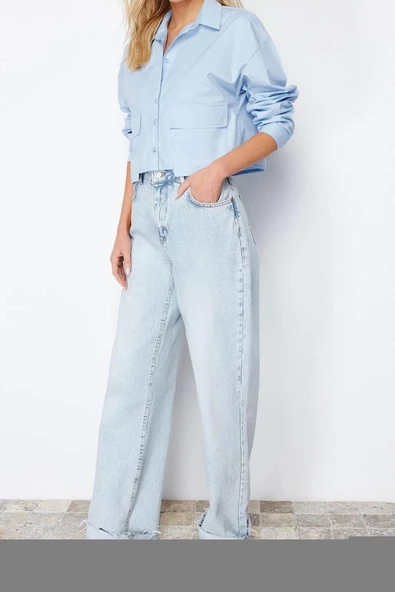Moda Kadın Gömlek Yaka Düz Desen Günlük Crop Cep Detaylı Regular Normal Kalıp Dokuma Gömlek - 6