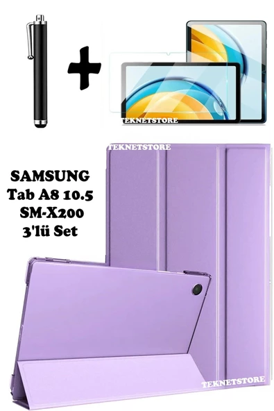 Samsung Galaxy Tab A8 10.5 Inç Sm-x200 Uyumlu Uyku Modlu Tablet Kılıfı Ekran Koruyucu Kalem  LİLA