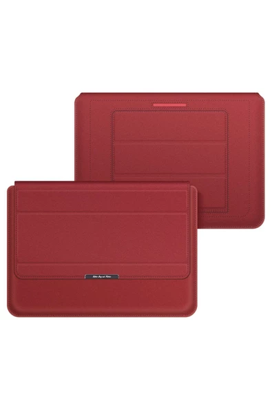 Macbook Air 13.6 Inç M2-M3-M4 Çip A2681 A3113 A3240 Uyumlu Ofis Çanta Deri Mıknatıslı Standlı Kılıf  13 - 14,9 inç Kırmızı