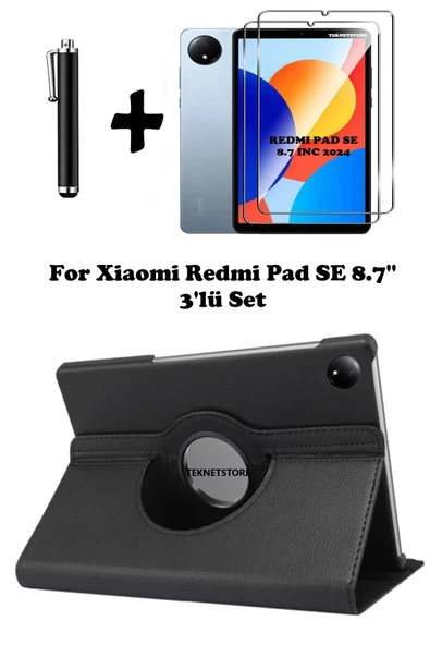 Xiaomi Redmi Pad Se 8.7 Inç Tablet Uyumlu Uyku Modlu 360 Döner Pu Deri Kılıf Seti  SİYAH