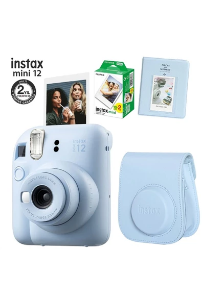 Instax Mini 12 Mavi Fotoğraf Makinesi 20li Film Ve Pvc Albümlü Çantalı Seti 1