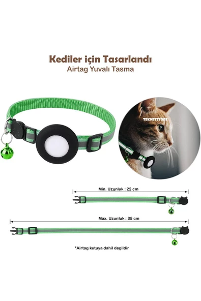 Airtag Yuvalı Kedi Ve Köpek Tasması Kilitli Güvenlik Aparatı Airtag Kılıfı ve Zil Boyun Tasması GPS  Tek Ebat Yeşil - 2