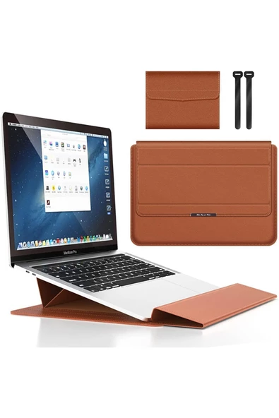Macbook Air 13.6 Inç M2-M3-M4 Çip A2681 A3113 A3240 Uyumlu Ofis Çanta Deri Mıknatıslı Standlı Kılıf  13 - 14,9 inç Taba ürün görseli 1