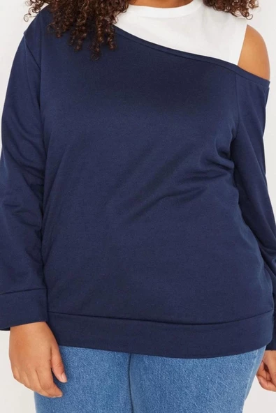 Büyük Beden Tarz Regular Bisiklet Yaka Standart Kol Regular Omuz Detaylı İnce Örme Sweatshirt - 1
