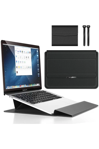 Macbook Air 13.6 Inç M2-M3-M4 Çip A2681 A3113 A3240 Uyumlu Ofis Çanta Deri Mıknatıslı Standlı Kılıf  13 - 14,9 inç Siyah