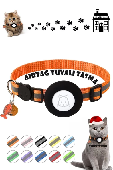 Airtag Yuvalı Kedi Ve Köpek Tasması Kilitli Güvenlik Aparatı Airtag Kılıfı ve Zil Boyun Tasması GPS  Tek Ebat Turuncu