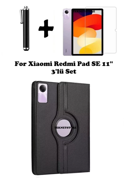Xiaomi Redmi Pad Se 11 Inç Tablet Uyumlu Uyku Modlu 360 Döner Pu Deri Kılıf Seti SİYAH