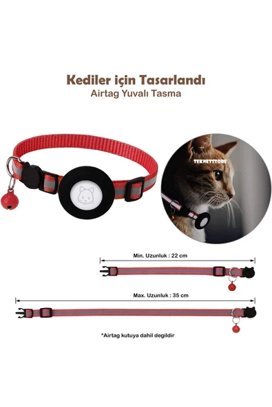 Airtag Yuvalı Kedi Ve Köpek Tasması Kilitli Güvenlik Aparatı Airtag Kılıfı ve Zil Boyun Tasması GPS  Tek Ebat Kırmızı - 2