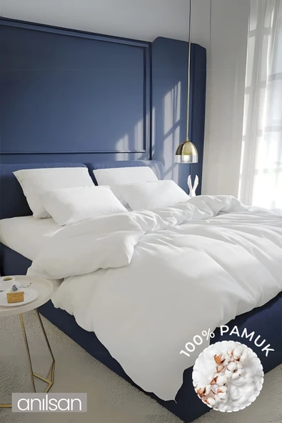 Düz Beyaz Tek Kişilik Lastikli Çarşaf Düğmeli Nevresim Takım %100 Pamuk 1 Adet Yastık Kılıf, 63tel