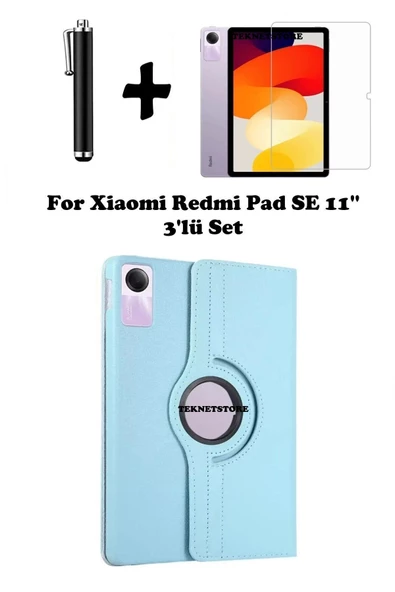 Xiaomi Redmi Pad Se 11 Inç Tablet Uyumlu Uyku Modlu 360 Döner Pu Deri Kılıf Seti  MAVİ - 1
