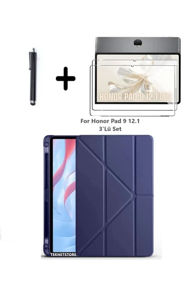 Honor Pad 9 12.1 İnç Uyumlu Kalem Bölmeli Standlı Silikon Kılıf + Ekran Koruyucu + Kalem 3'lü Set  Lacivert